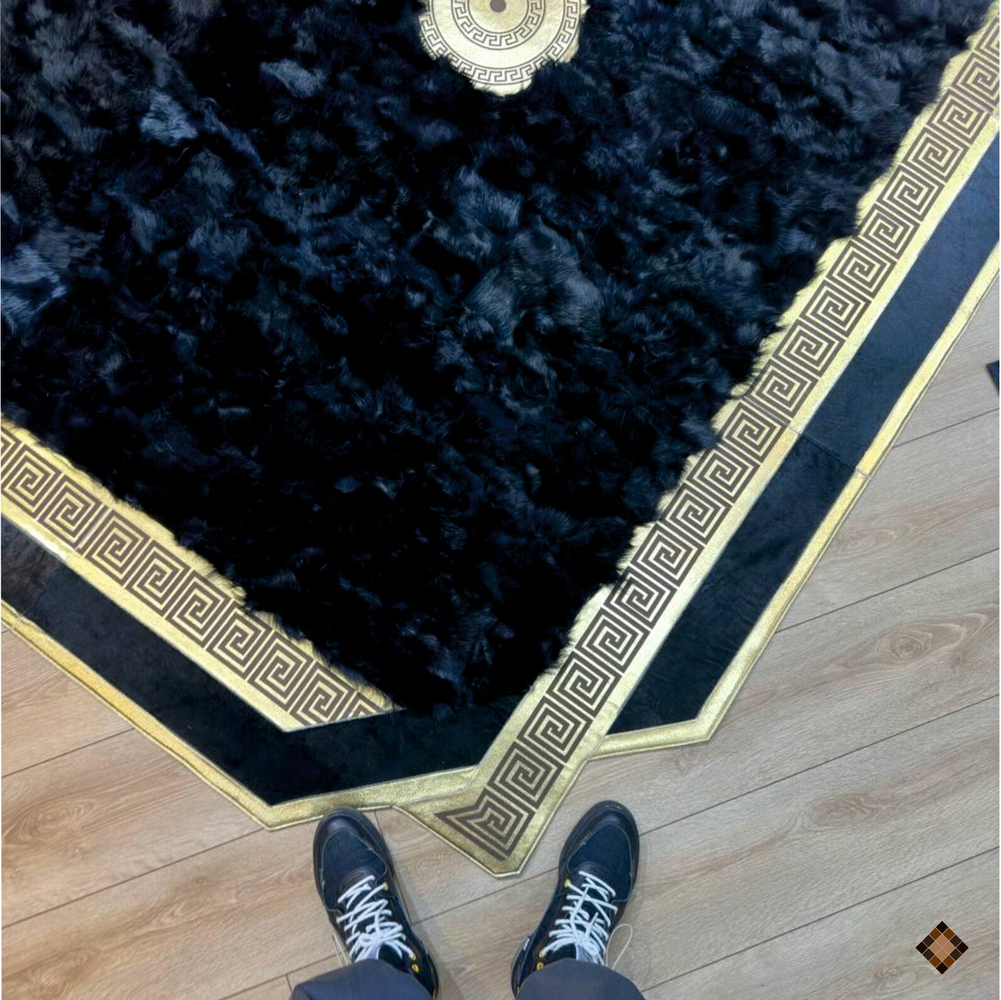 Midnight Black Sheepskin Area Rug with Gold Greek Key Frame & Medallion Accent