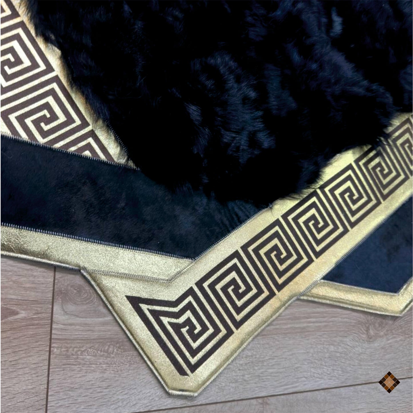 Midnight Black Sheepskin Area Rug with Gold Greek Key Frame & Medallion Accent