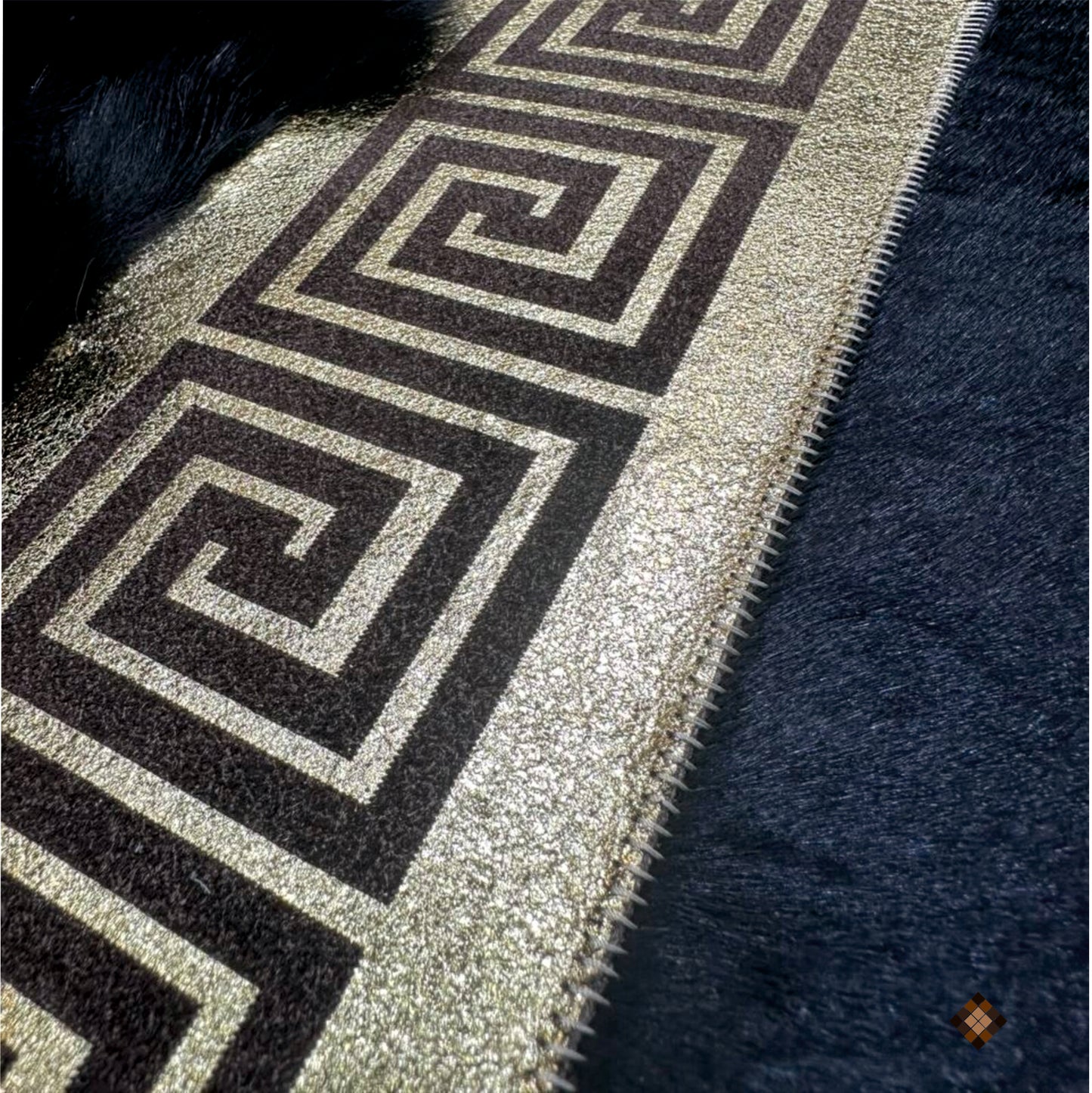 Midnight Black Sheepskin Area Rug with Gold Greek Key Frame & Medallion Accent