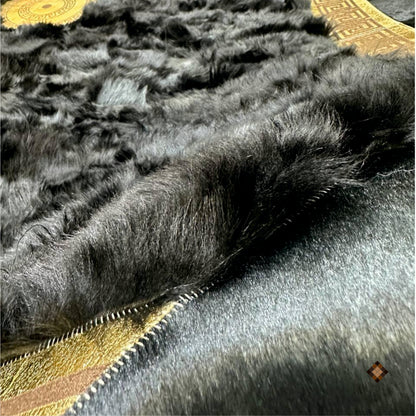 Midnight Black Sheepskin Area Rug with Gold Greek Key Frame & Medallion Accent