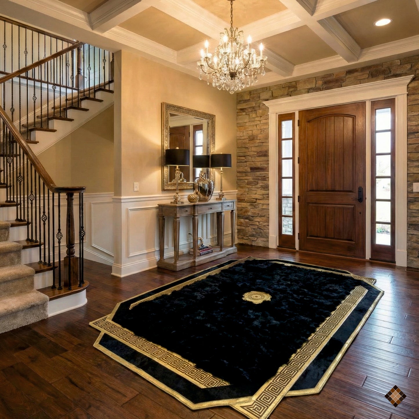 Midnight Black Sheepskin Area Rug with Gold Greek Key Frame & Medallion Accent
