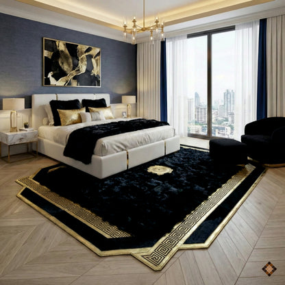 Midnight Black Sheepskin Area Rug with Gold Greek Key Frame & Medallion Accent