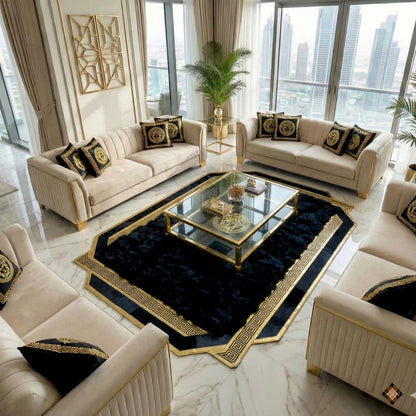 Handmade black sheepskin rug with elegant gold Greek key frame. Custom sizes available. Soft, bold, and luxurious underfoot.