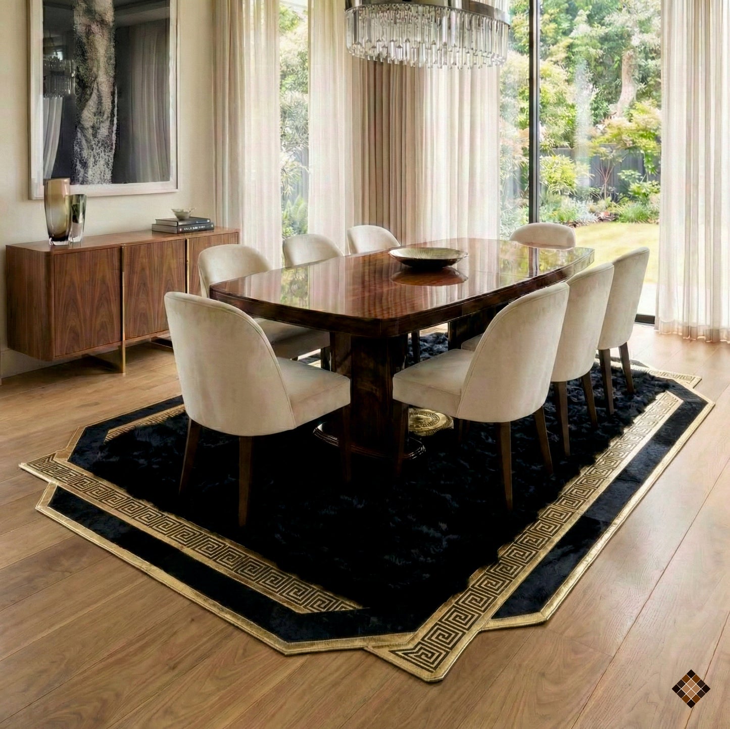 Midnight Black Sheepskin Area Rug with Gold Greek Key Frame & Medallion Accent