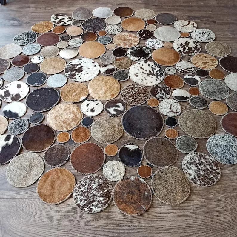 Mix Color 100% Natural Cowhide Round Rug, Handmade Hair on Leather Rug