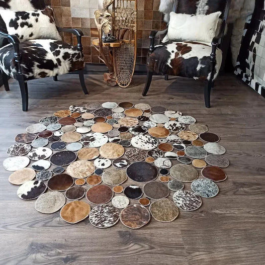 Mix Color 100% Natural Cowhide Round Rug, Handmade Hair on Leather Rug