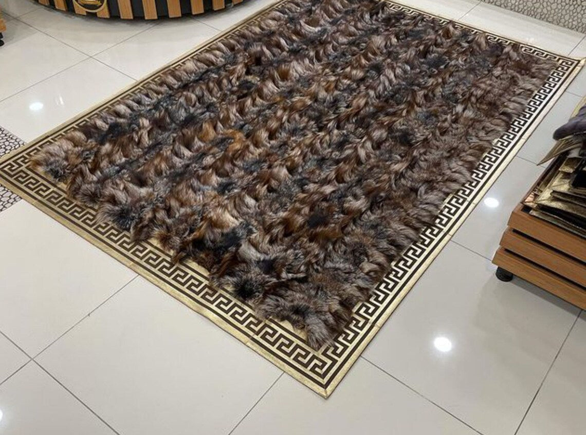 Modern Decorative Brown And Black Real Fox Fur Geometric Area Soft Rug