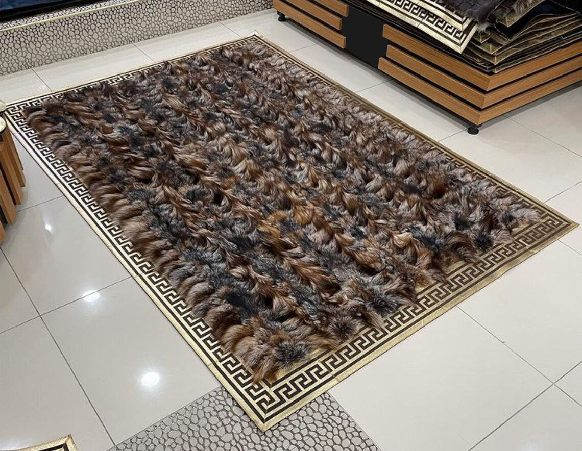 Modern Decorative Brown And Black Real Fox Fur Geometric Area Soft Rug