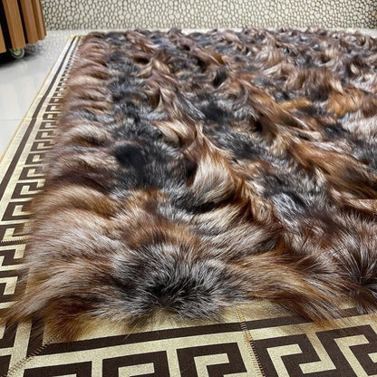 Modern Decorative Brown And Black Real Fox Fur Geometric Area Soft Rug