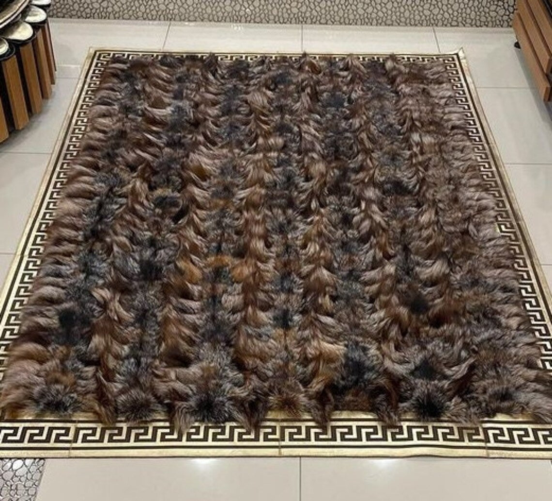 Modern Decorative Brown And Black Real Fox Fur Geometric Area Soft Rug