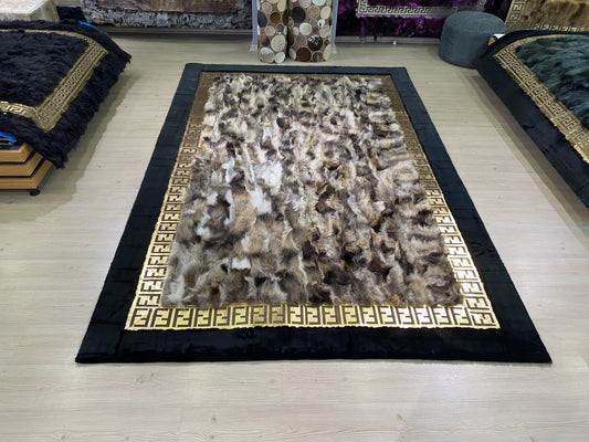 Modern Designed Black Border 100% Natural Fox Fur Area Rug