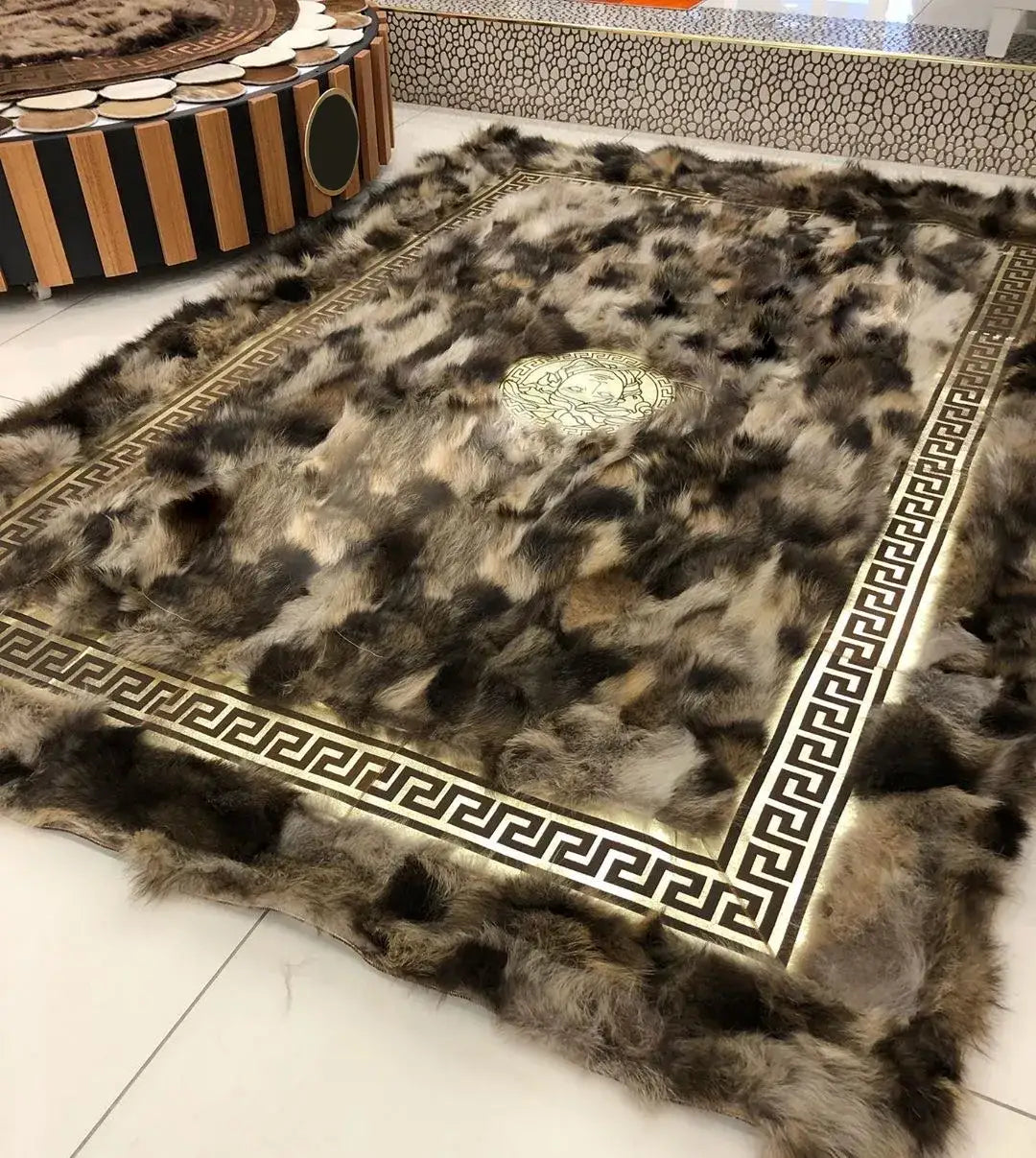 Modern Designed, Fuzzy Natural Handmade Fox Fur Area 4x6 Carpet