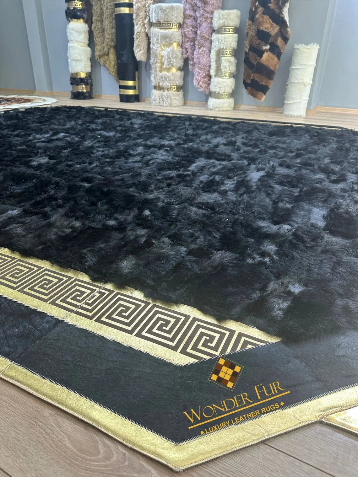 100% Natural Handmade Sheepskin Black And Gold 10x12 Living Room Rug - Wonder fur rug Rug Wonder Fur Rug Wonder fur rug