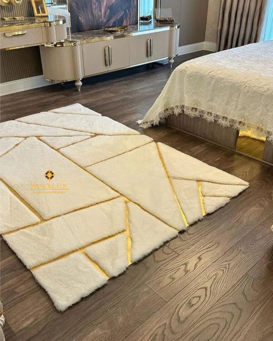 Modern Plush White And Gold Faux Fur Bedroom Soft Rug , Handmade Rug