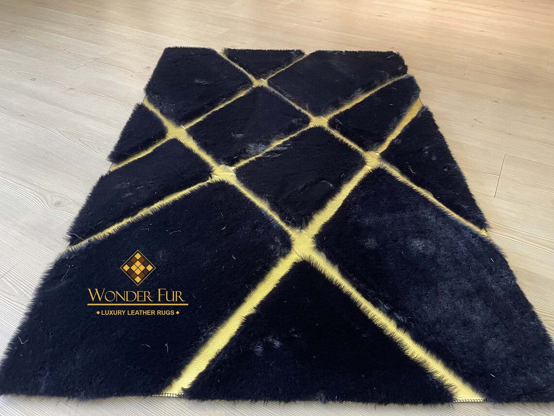 Modern Soft Black And Gold Faux Fur Bedroom 6x8 Area Fluffy Rug