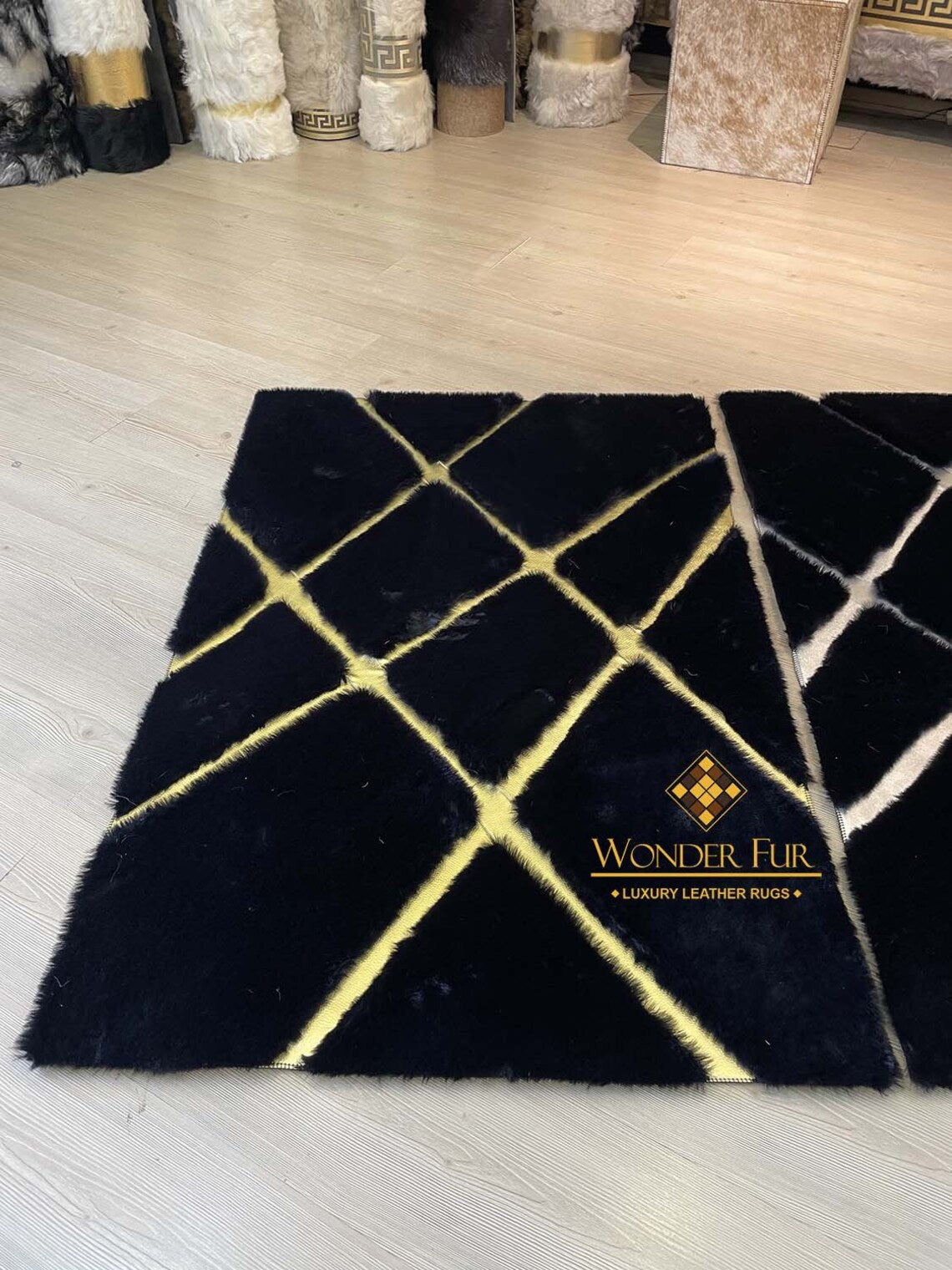 Modern Soft Black And Gold Faux Fur Bedroom 6x8 Area Fluffy Rug