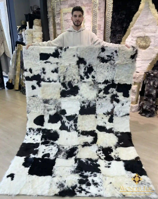 Unique Handmade Black White Natural Sheepskin Office Soft Fluffy Rug