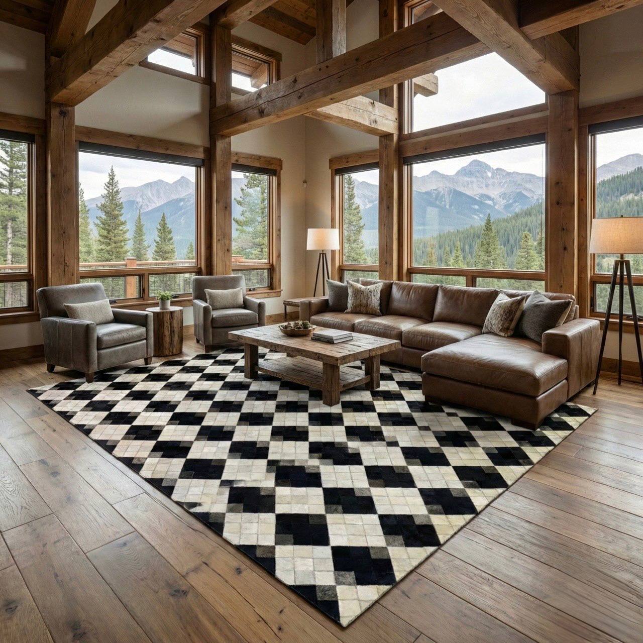 Modern luxury black and white plaid genuine cowhide rug with natural handmade texture