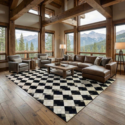 Modern luxury black and white plaid genuine cowhide rug with natural handmade texture