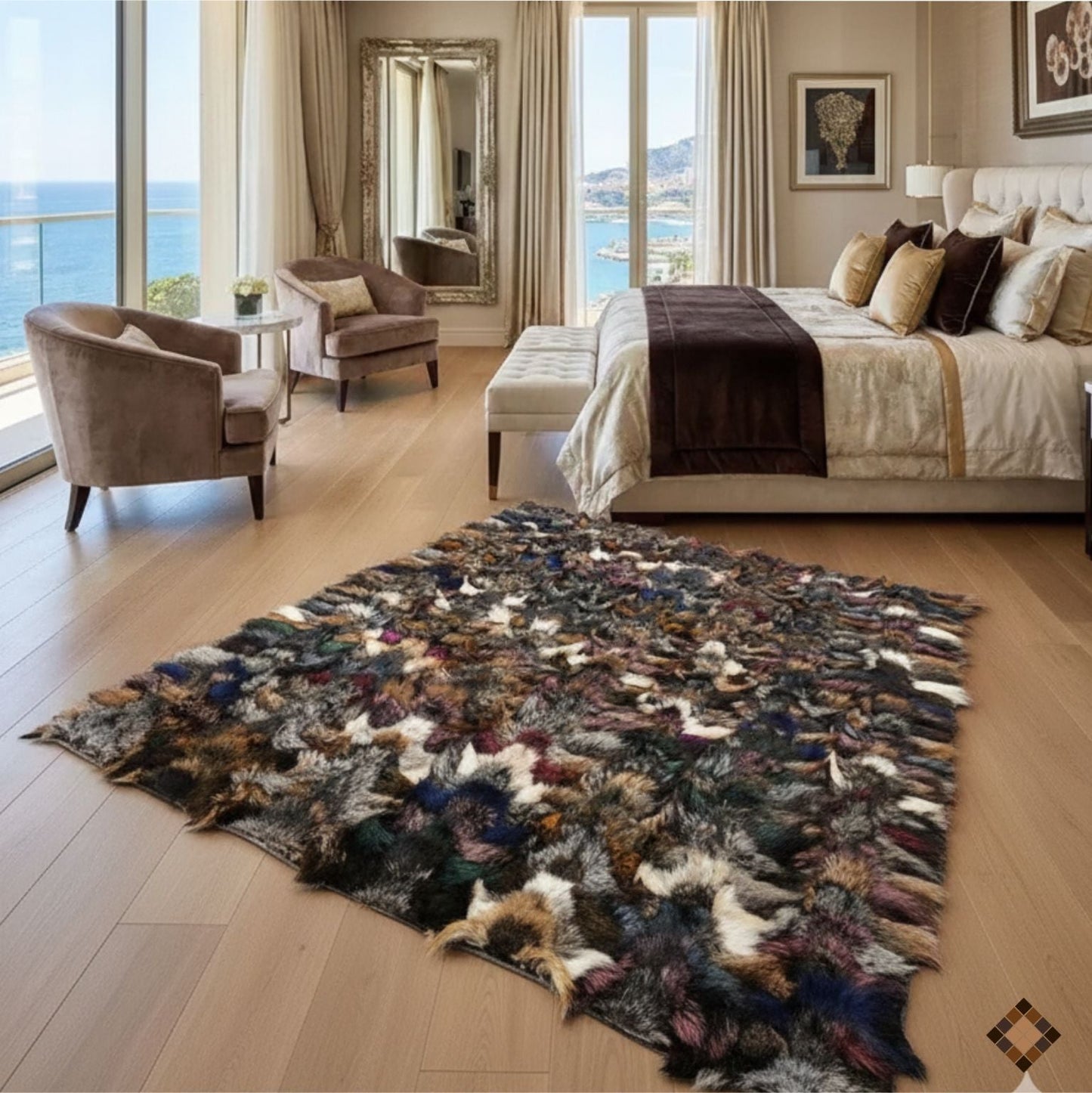 Multicolor fox fur luxury area rug with rich hues and soft texture