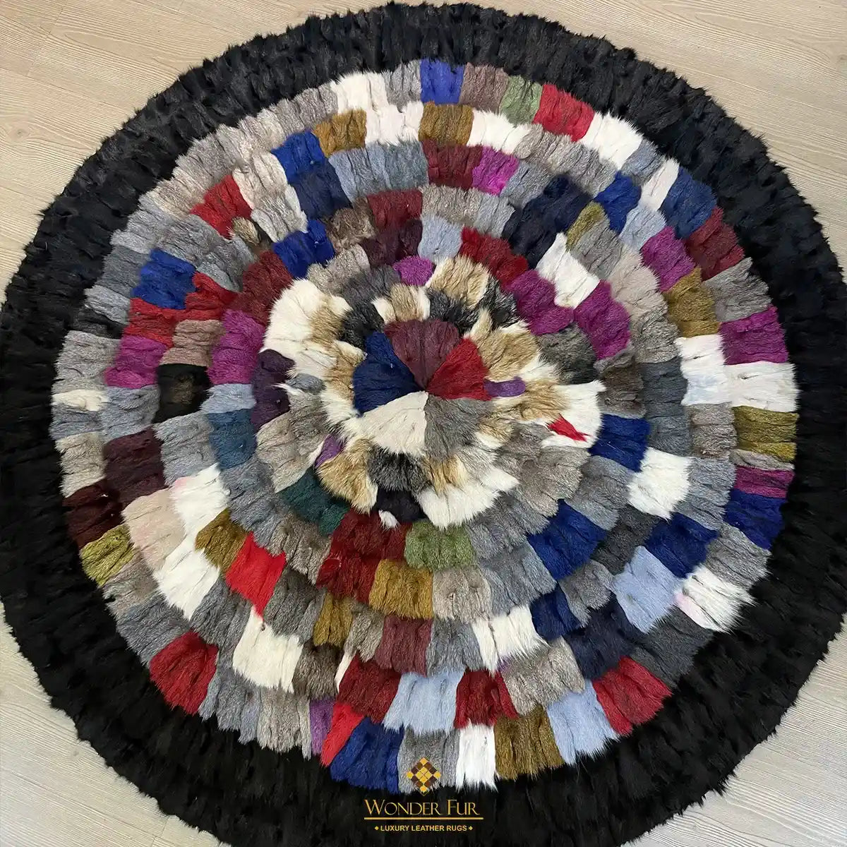 Multicolor with Black Border Soft Genuine Round Fox Fur Patchwork Rug