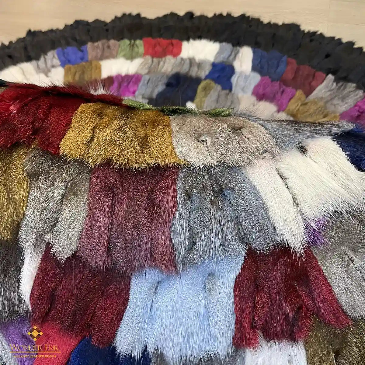 Multicolor with Black Border Soft Genuine Round Fox Fur Patchwork Rug