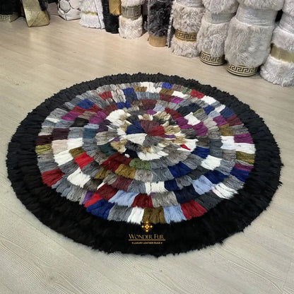 Multicolor with Black Border Soft Genuine Round Fox Fur Patchwork Rug