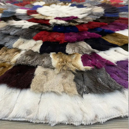 Multicolor with White Border Soft Genuine Round Fox Fur Patchwork Rug