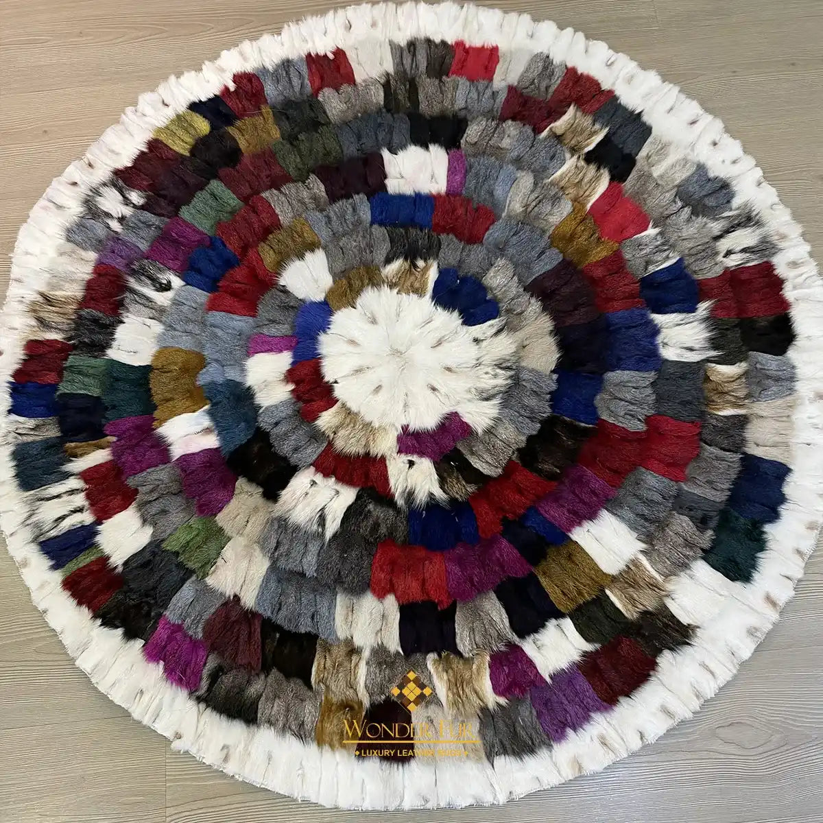 Multicolor with White Border Soft Genuine Round Fox Fur Patchwork Rug