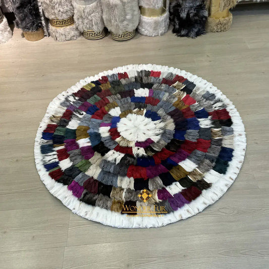 Multicolor with White Border Soft Genuine Round Fox Fur Patchwork Rug