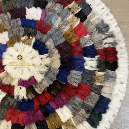 Multicolor with White Border Soft Genuine Round Fox Fur Patchwork Rug