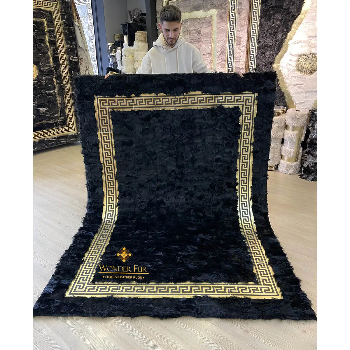 Handmade Luxury Black Gold Sheepskin Bedroom Rug , Fluffy Non Slip Rug