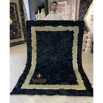 Handmade Luxury Black Gold Sheepskin Bedroom Rug , Fluffy Non Slip Rug