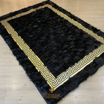 Handmade Luxury Black Gold Sheepskin Bedroom Rug , Fluffy Non Slip Rug