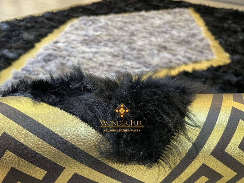 Original Handmade Black Gray And Gold Sheepskin Area Living Room Rug