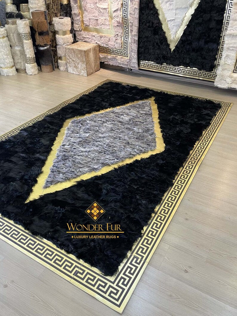 Original Handmade Black Gray And Gold Sheepskin Area Living Room Rug