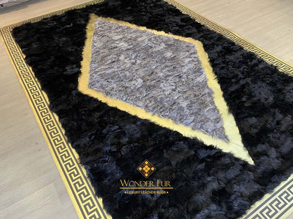 Original Handmade Black Gray And Gold Sheepskin Area Living Room Rug