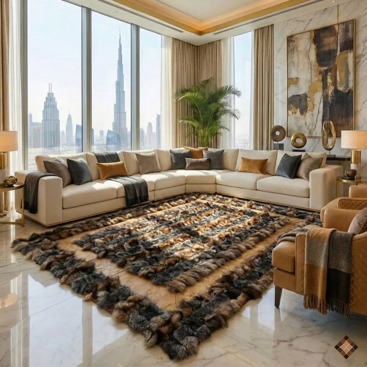 Genuine Brown Fox Fur Area Rug with Soft Suede Border - WONDERFURRUG