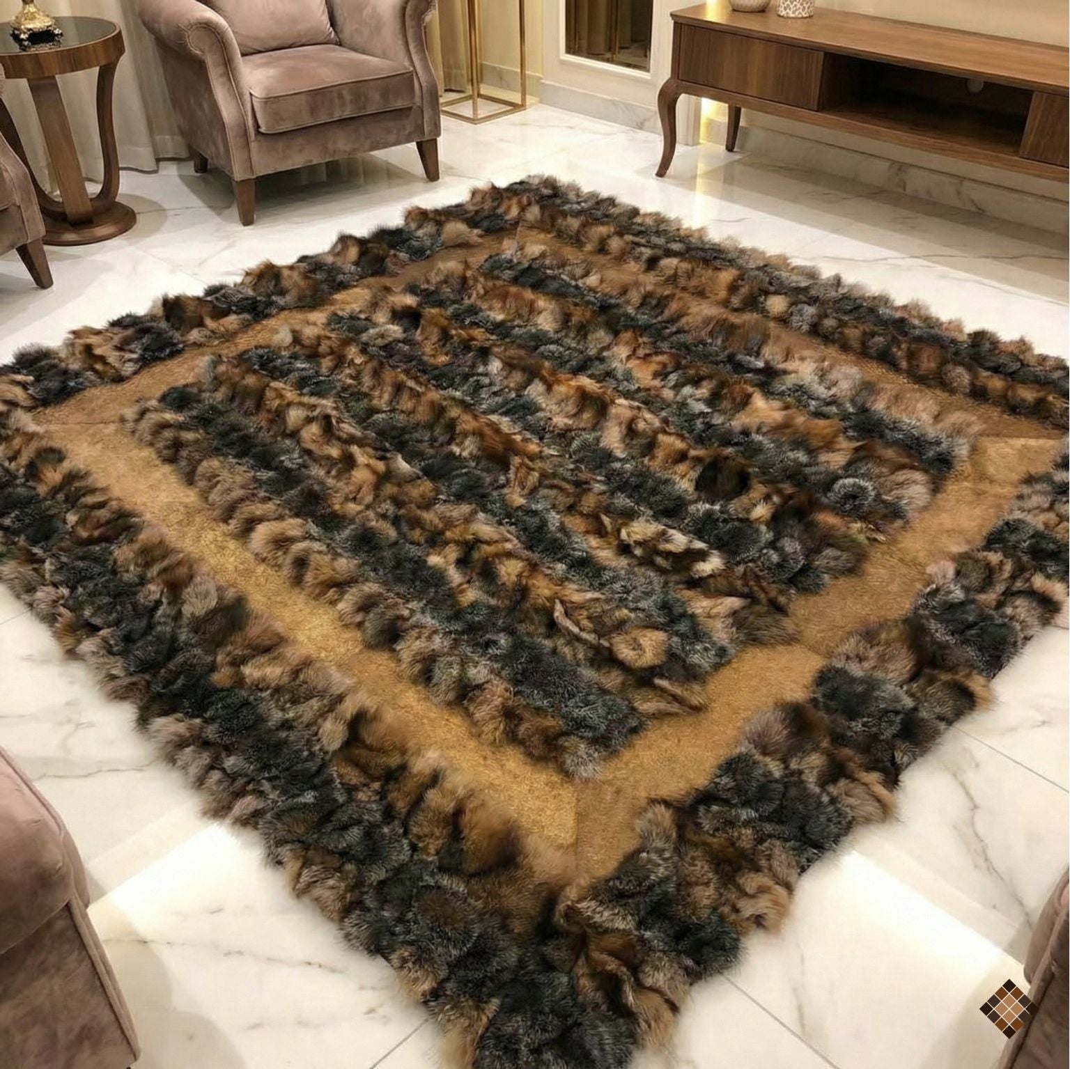 Genuine Brown Fox Fur Area Rug with Soft Suede Border - WONDERFURRUG