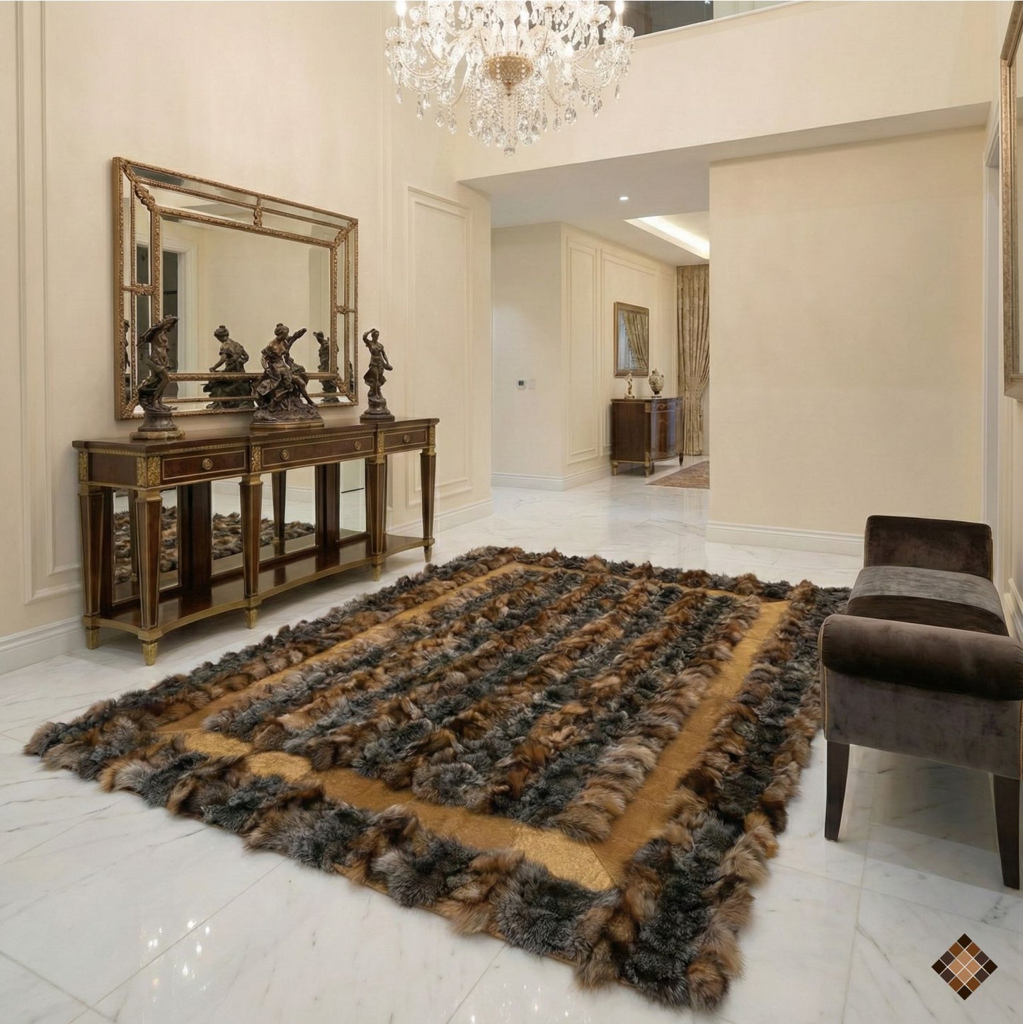 Genuine Brown Fox Fur Area Rug with Soft Suede Border - WONDERFURRUG