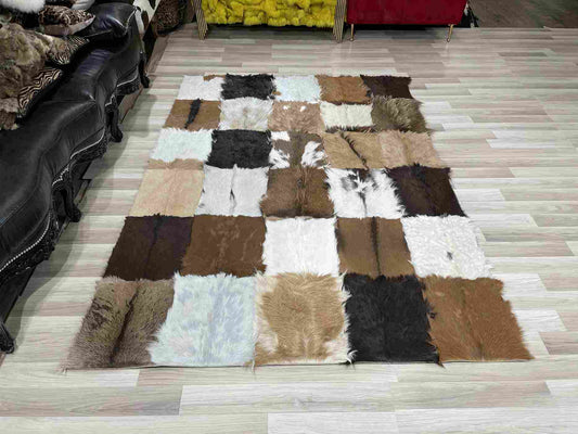 Natural Elegane Tricolor Genuine Goatskin Area Rug, Handmade Home Decor