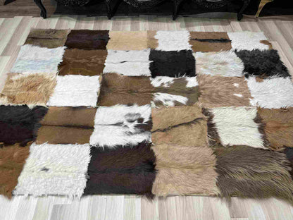 Natural Elegane Tricolor Genuine Goatskin Area Rug, Handmade Home Decor