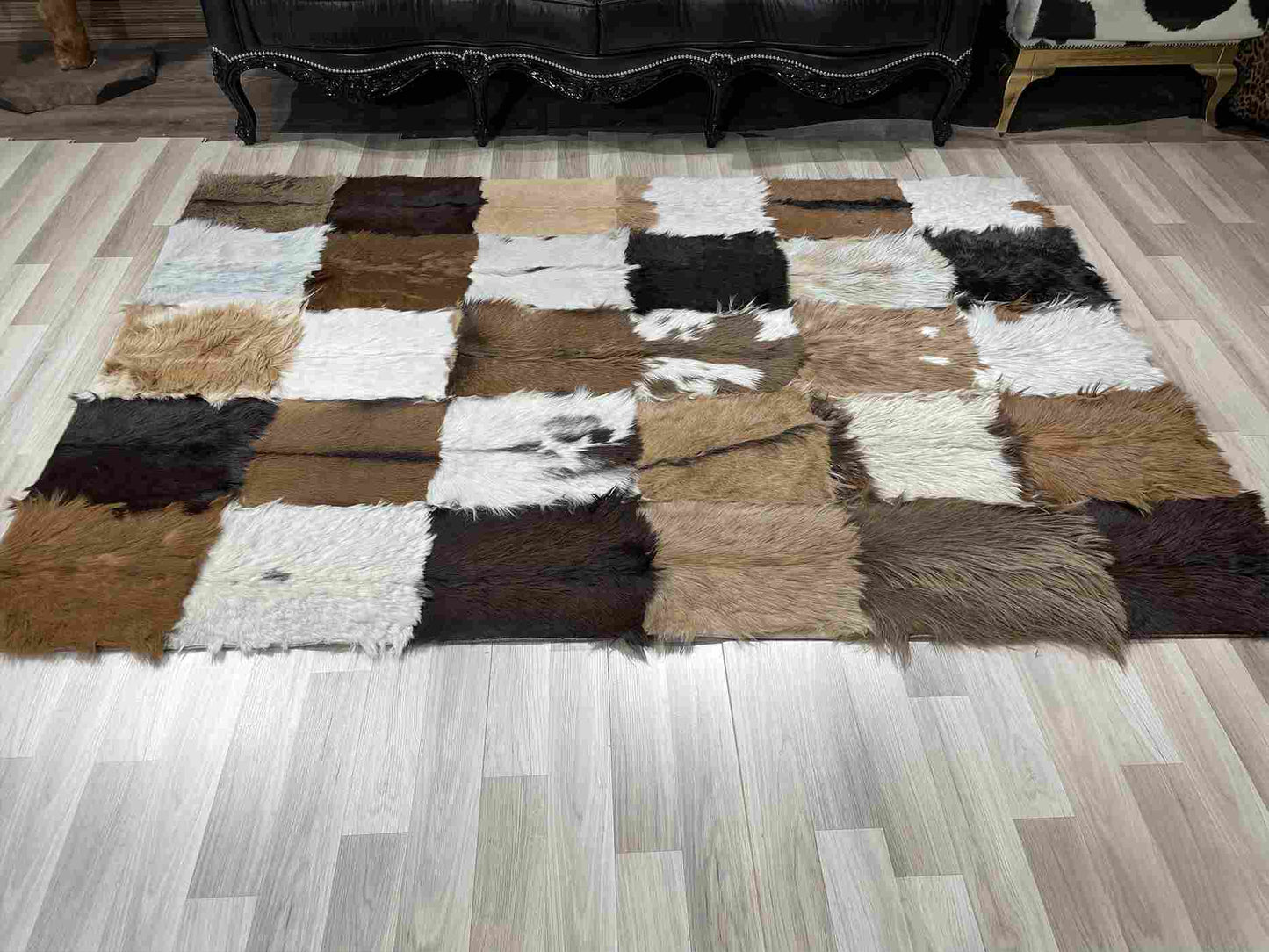 Natural Elegane Tricolor Genuine Goatskin Area Rug, Handmade Home Decor