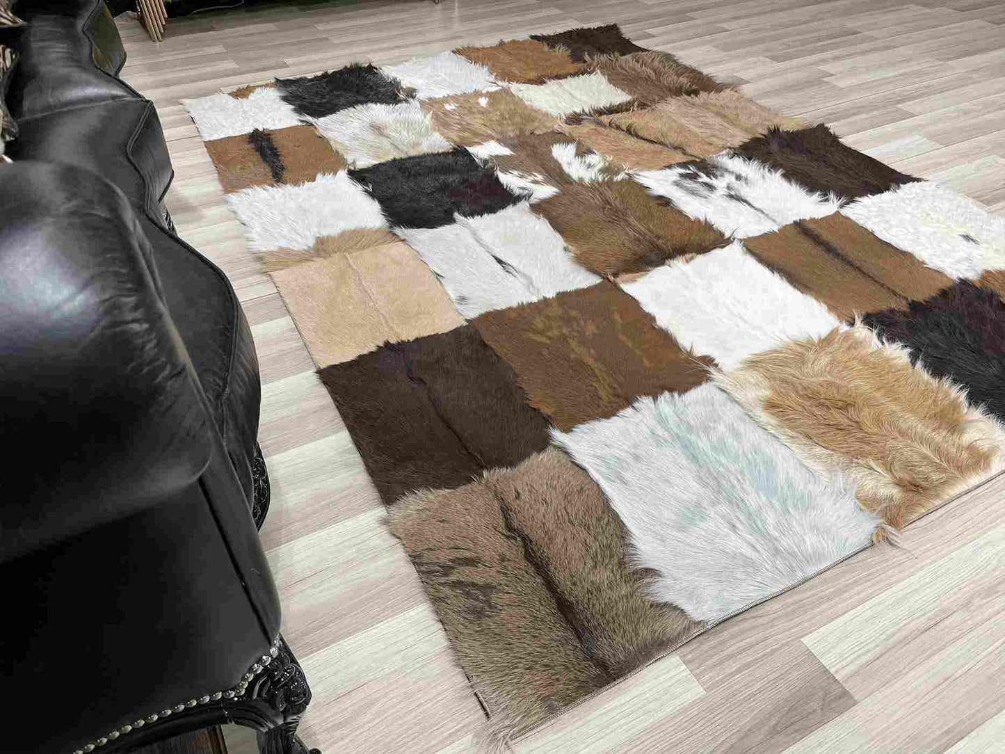 Natural Elegane Tricolor Genuine Goatskin Area Rug, Handmade Home Decor