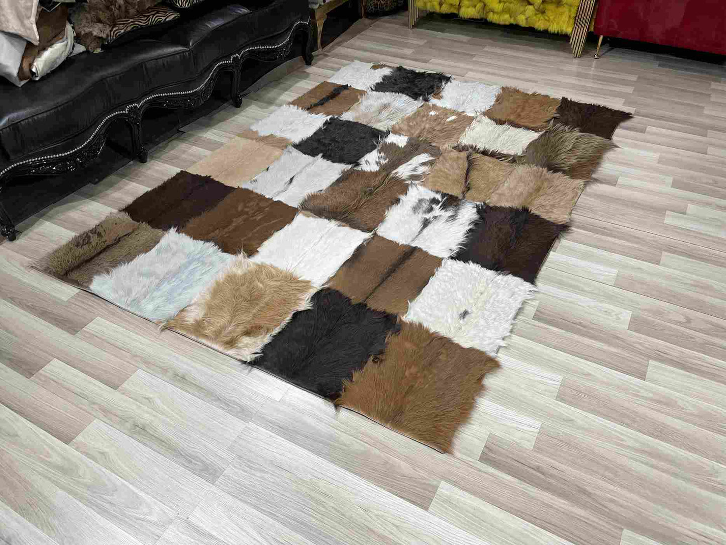 Natural Elegane Tricolor Genuine Goatskin Area Rug, Handmade Home Decor