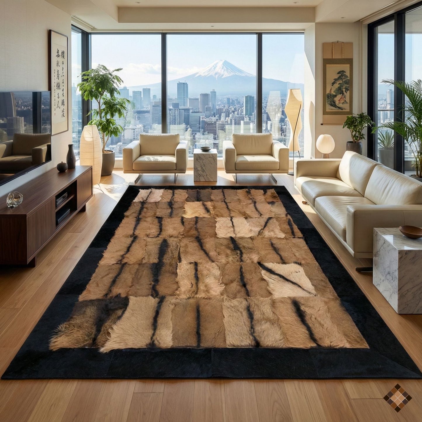Natural goatskin area rug with black suede border and organic texture