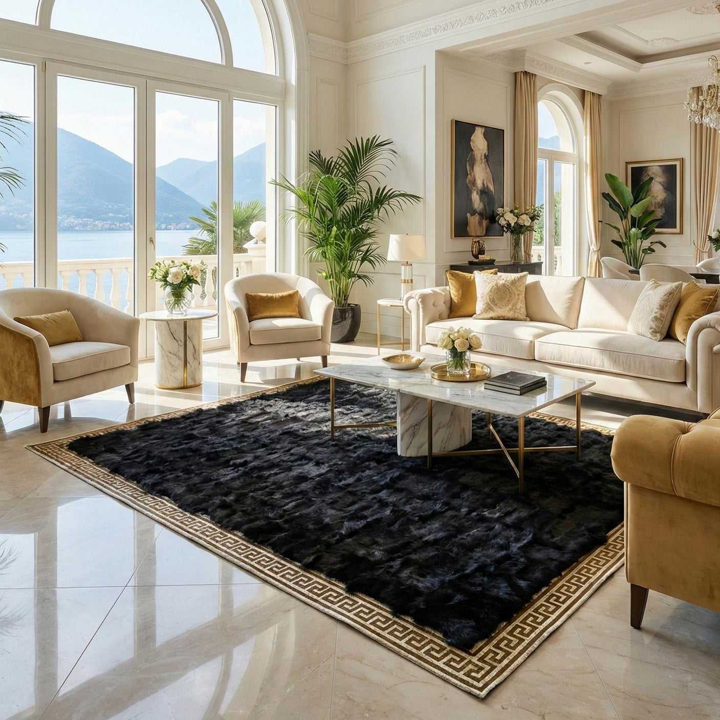 Natural large sheepskin area rug in elegant living room with beige and gold accents