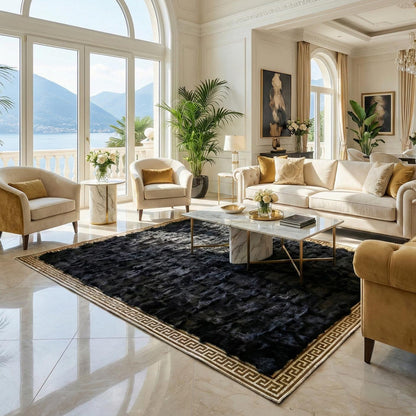 Natural large sheepskin area rug in elegant living room with beige and gold accents