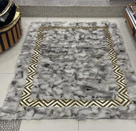 Original Fluffy Soft White And Gray Fox Fur Bedroom Rug , Handmade Rug