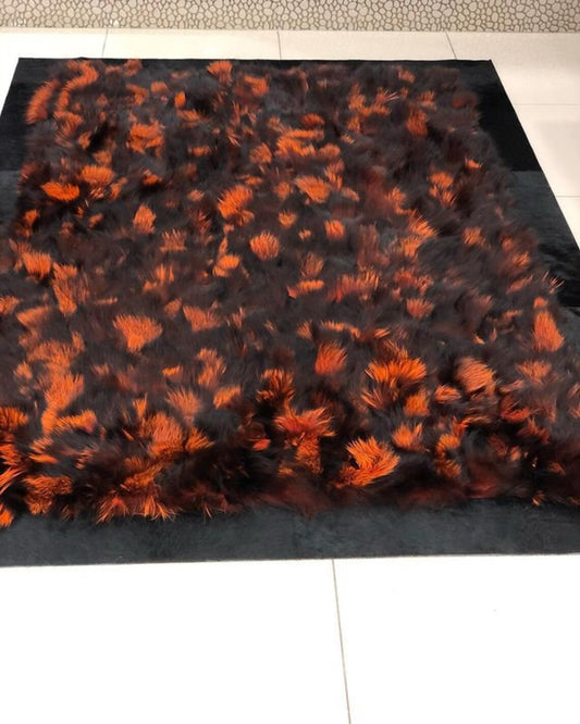 Original Orange Black Fox Fur Bedroom Rug , Handmade Soft Fluffy Rug